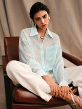 Anewsta Striped Rhinestone Decor Casual Fashion Turn-Down Collar Flowy Long Sleeve Shirt